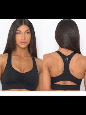 Bombshell Sportswear Black Racerback Sports Bra with Rear Cutout size Medium